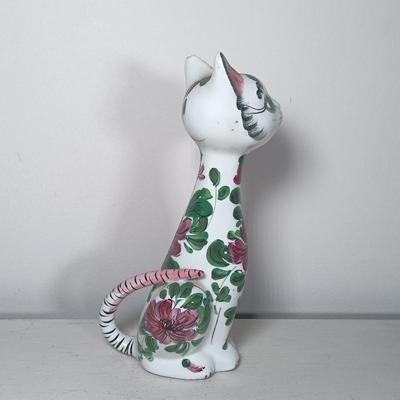 LOT 150: Italian Long Neck Ceramic Cat, Wood Handmade Cat & Sleeping Ceramic Cat Painted in Macau