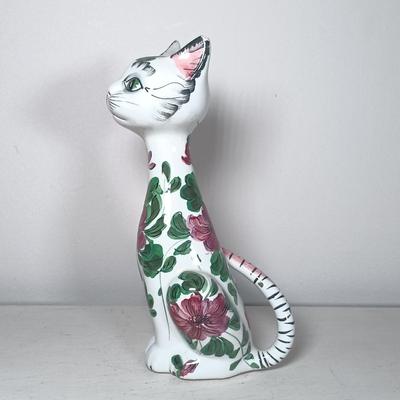LOT 150: Italian Long Neck Ceramic Cat, Wood Handmade Cat & Sleeping Ceramic Cat Painted in Macau