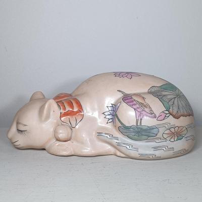 LOT 150: Italian Long Neck Ceramic Cat, Wood Handmade Cat & Sleeping Ceramic Cat Painted in Macau