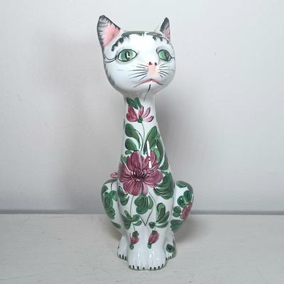 LOT 150: Italian Long Neck Ceramic Cat, Wood Handmade Cat & Sleeping Ceramic Cat Painted in Macau