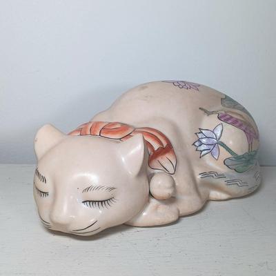 LOT 150: Italian Long Neck Ceramic Cat, Wood Handmade Cat & Sleeping Ceramic Cat Painted in Macau