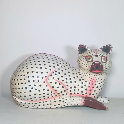 LOT 150: Italian Long Neck Ceramic Cat, Wood Handmade Cat & Sleeping Ceramic Cat Painted in Macau