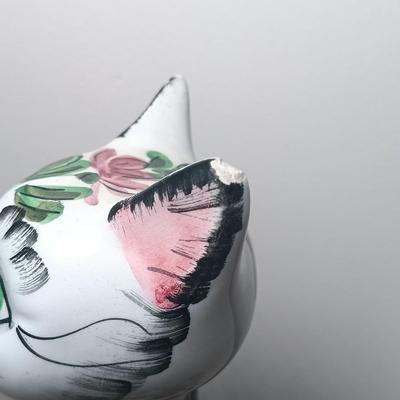 LOT 150: Italian Long Neck Ceramic Cat, Wood Handmade Cat & Sleeping Ceramic Cat Painted in Macau