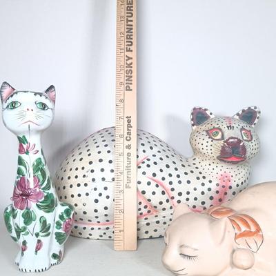 LOT 150: Italian Long Neck Ceramic Cat, Wood Handmade Cat & Sleeping Ceramic Cat Painted in Macau