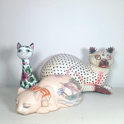 LOT 150: Italian Long Neck Ceramic Cat, Wood Handmade Cat & Sleeping Ceramic Cat Painted in Macau