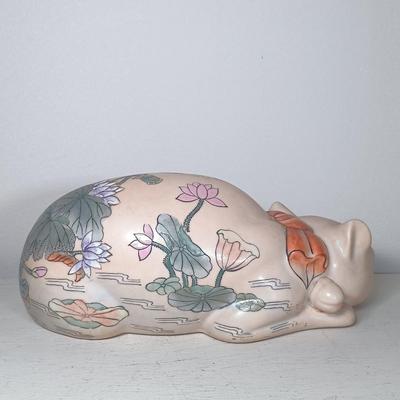 LOT 150: Italian Long Neck Ceramic Cat, Wood Handmade Cat & Sleeping Ceramic Cat Painted in Macau