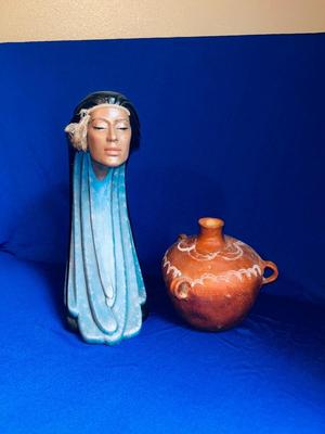 NATIVE AMERICAN CERAMIC LADY AND CLAY POT