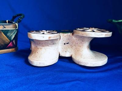 LANE & CO VAN NUYS CALIFORNIA POTTERY PEDESTAL DISH, CERAMIC STAGECOACH PLANTER AND SMALL BASKET