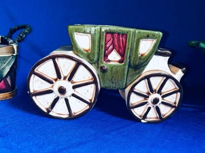 LANE & CO VAN NUYS CALIFORNIA POTTERY PEDESTAL DISH, CERAMIC STAGECOACH PLANTER AND SMALL BASKET