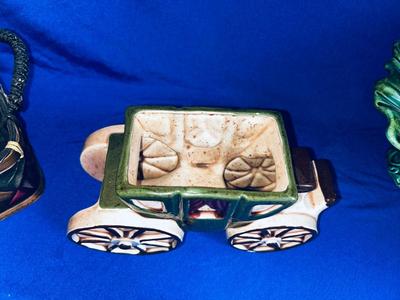LANE & CO VAN NUYS CALIFORNIA POTTERY PEDESTAL DISH, CERAMIC STAGECOACH PLANTER AND SMALL BASKET