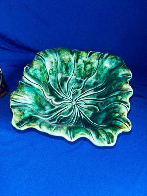 LANE & CO VAN NUYS CALIFORNIA POTTERY PEDESTAL DISH, CERAMIC STAGECOACH PLANTER AND SMALL BASKET