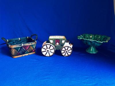 LANE & CO VAN NUYS CALIFORNIA POTTERY PEDESTAL DISH, CERAMIC STAGECOACH PLANTER AND SMALL BASKET