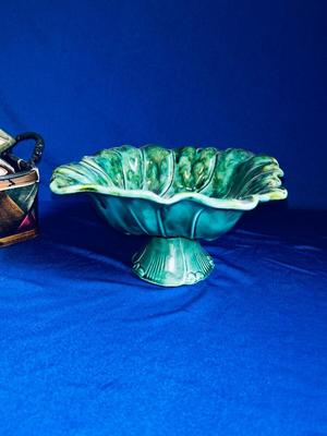 LANE & CO VAN NUYS CALIFORNIA POTTERY PEDESTAL DISH, CERAMIC STAGECOACH PLANTER AND SMALL BASKET