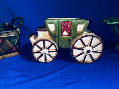 LANE & CO VAN NUYS CALIFORNIA POTTERY PEDESTAL DISH, CERAMIC STAGECOACH PLANTER AND SMALL BASKET