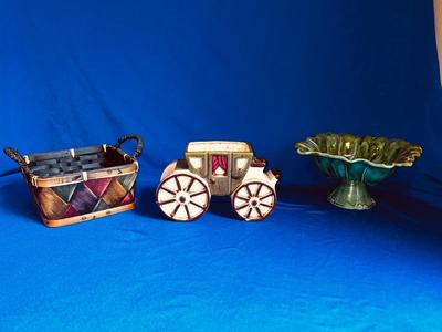LANE & CO VAN NUYS CALIFORNIA POTTERY PEDESTAL DISH, CERAMIC STAGECOACH PLANTER AND SMALL BASKET