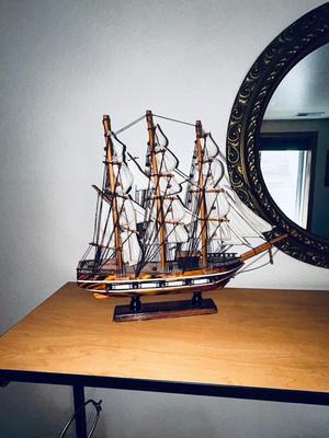 NEAT WOODEN SHIP MODEL. AND VINTAGE ROUND GOLD FRAMED MIRROR