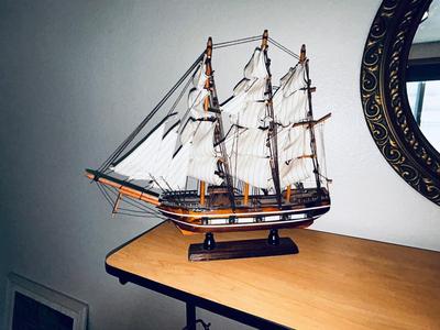 NEAT WOODEN SHIP MODEL. AND VINTAGE ROUND GOLD FRAMED MIRROR