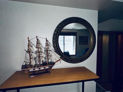 NEAT WOODEN SHIP MODEL. AND VINTAGE ROUND GOLD FRAMED MIRROR