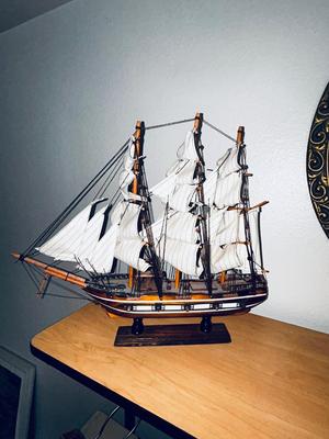 NEAT WOODEN SHIP MODEL. AND VINTAGE ROUND GOLD FRAMED MIRROR