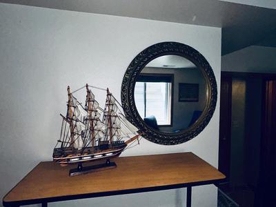 NEAT WOODEN SHIP MODEL. AND VINTAGE ROUND GOLD FRAMED MIRROR