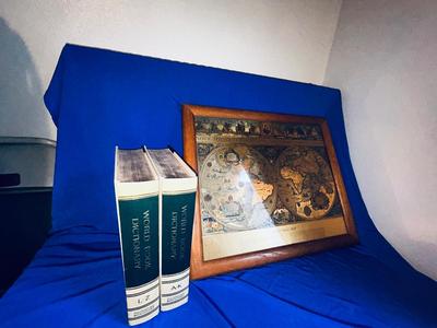BEAUTIFUL GOLD & BLUE WORLD MAP AND VTG WORLD DICTIONARY