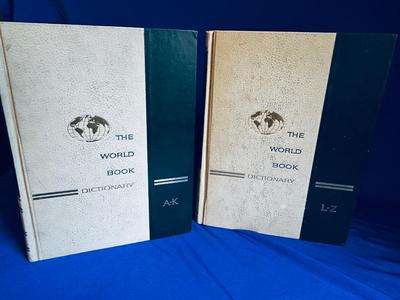 BEAUTIFUL GOLD & BLUE WORLD MAP AND VTG WORLD DICTIONARY