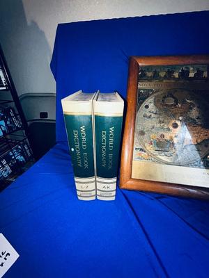 BEAUTIFUL GOLD & BLUE WORLD MAP AND VTG WORLD DICTIONARY