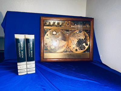 BEAUTIFUL GOLD & BLUE WORLD MAP AND VTG WORLD DICTIONARY