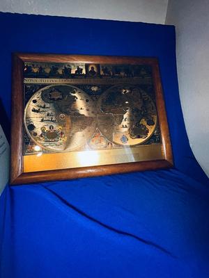 BEAUTIFUL GOLD & BLUE WORLD MAP AND VTG WORLD DICTIONARY