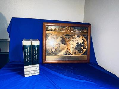 BEAUTIFUL GOLD & BLUE WORLD MAP AND VTG WORLD DICTIONARY