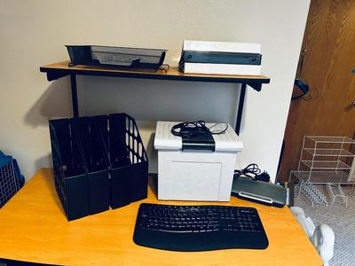 MICROSOFT WIRELESS KEYBOARD, BELKIN ROUTER, TIMEX WALL CLOCK AND OFFICE SUPPLIES