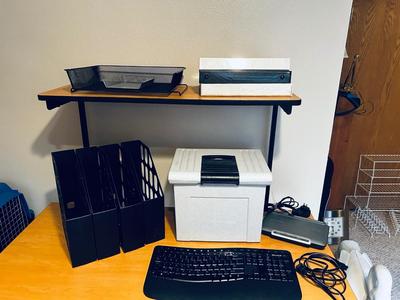MICROSOFT WIRELESS KEYBOARD, BELKIN ROUTER, TIMEX WALL CLOCK AND OFFICE SUPPLIES