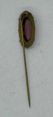 Antique gold tone large pink and green stone stick pin 3"