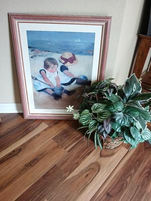 Framed Mary Cassatt Print – Children Playing on the Beach with faux green plant