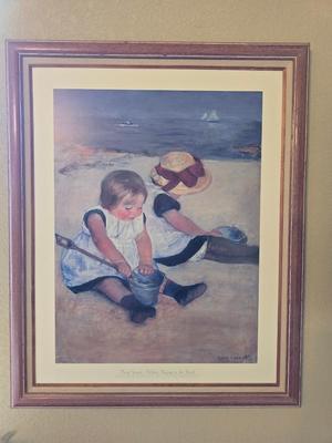 Framed Mary Cassatt Print – Children Playing on the Beach with faux green plant