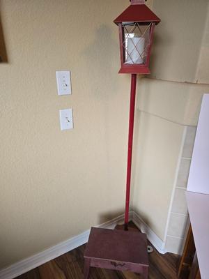 Rustic Red Lantern Floor Lamp / Candle sconce with Wooden Step Stool