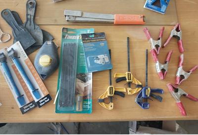 LEATHER WORK BELT- SMALL CLAMPS AND TOOLS