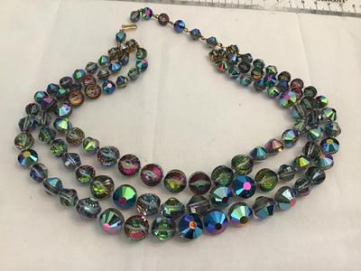 Peacock Colored Faceted Crystal 3 Strand Necklace