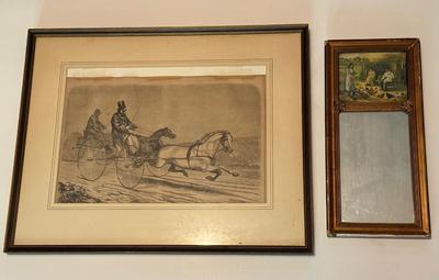 LOT 106L: Vintage "On the Road" Print & Antique Trumeau Mirror " Feeding her feathered friends"