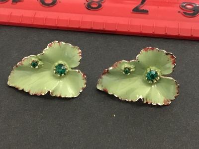 Green Rhinestone Enamel Red Accents Beatiful Vintage Clip on Earrings