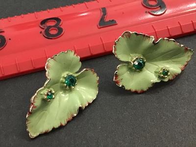 Green Rhinestone Enamel Red Accents Beatiful Vintage Clip on Earrings