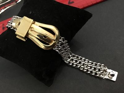 Gold Buckle Silver Mesh Chain Locking Bracelet