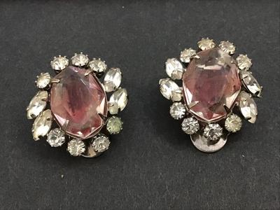 Pink Rose Glass Center Rhinestone Clip on Earrings
