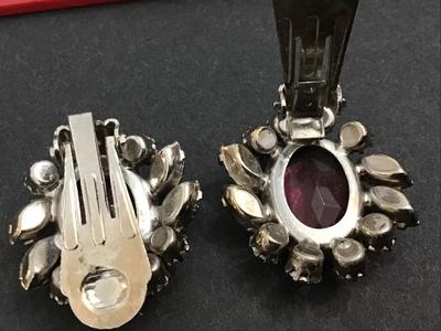 Pink Rose Glass Center Rhinestone Clip on Earrings