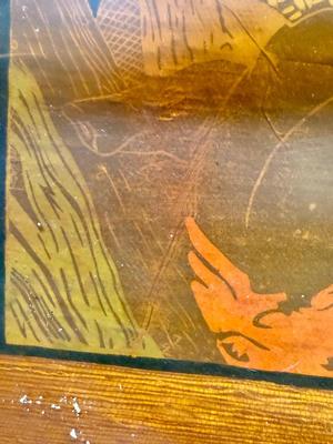 Sale Photo Thumbnail #78: In fair to good condition. There is some water damage showing on the matting and the plastic cover is warped, but artwork looks good underneath.
