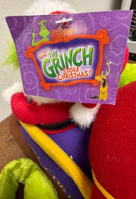 Grinch Who Stole Christmas Plush Dr Seuss 18" Green 2010 & Sleigh Ride with Grinch & Max the dog