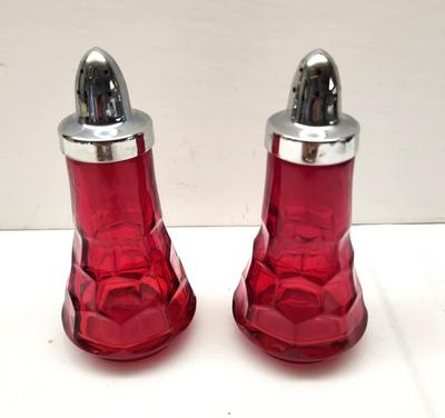 Lot #18 Vintage Viking Glass Ruby Red Georgian Honeycomb Salt/Pepper - Scarce