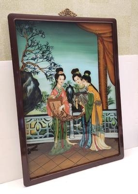 Lot #21 Vintage Reverse Painted on Glass Chinese Court Scene