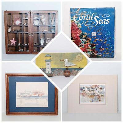 LOT 271: Watercolor by LiLo, Wood Art 'Lighthouse and Seagull', Shadow Box Containing Shells & More