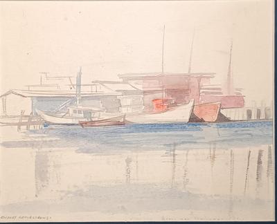 LOT 271: Watercolor by LiLo, Wood Art 'Lighthouse and Seagull', Shadow Box Containing Shells & More